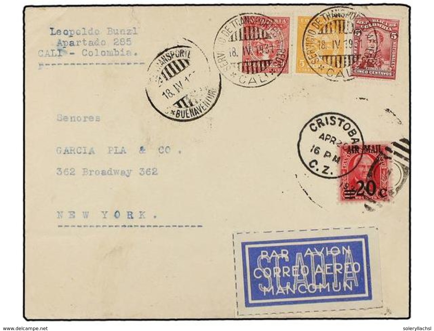 1061 COLOMBIA. 1931. CALI A NEW YORK. Circulado Por Correo Aéreo. <B>5 Cts. </B>rosa, <B>5 Cts.</B> Naranja Y <B>20 Cts. - Other & Unclassified