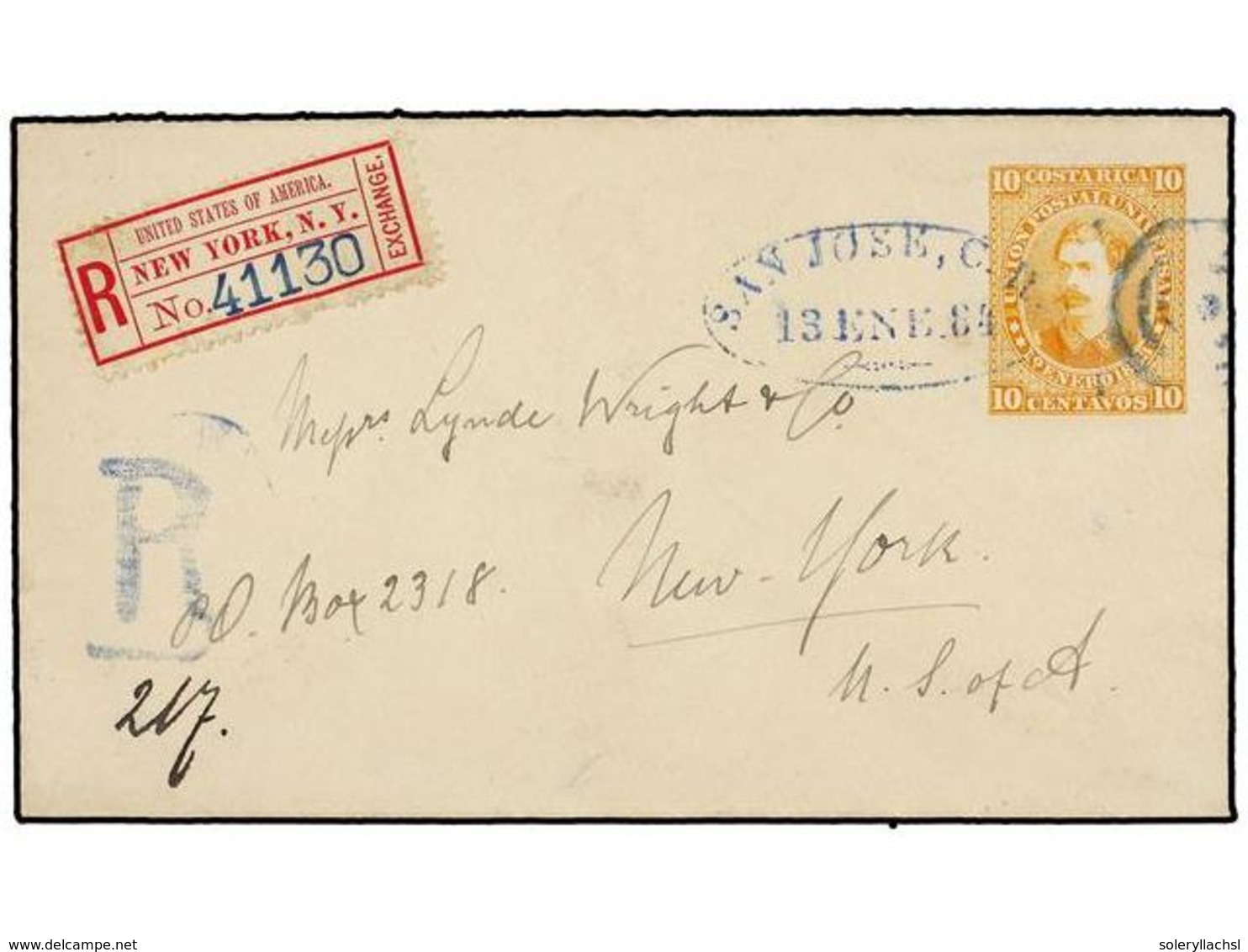 1064 COSTA RICA. 1884. SAN JOSÉ A NEW YORK. Entero Postal De <B>10 Ctvos. </B>naranja Circulado Por Correo Certificado,  - Other & Unclassified