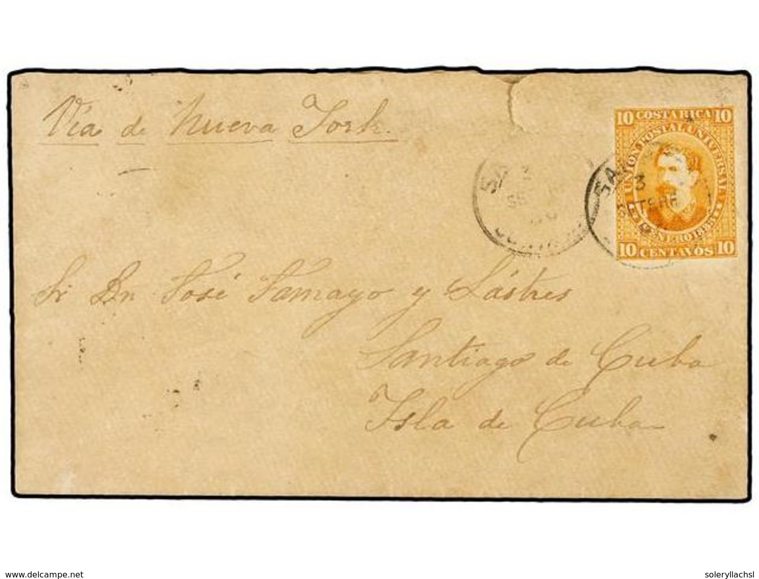 1066 COSTA RICA. 1888. SAN JOSÉ A SANTIAGO DE CUBA. Entero Postal De <B>10 Cts.</B> Ocre. Al Dorso Fechador De Tránsito  - Other & Unclassified