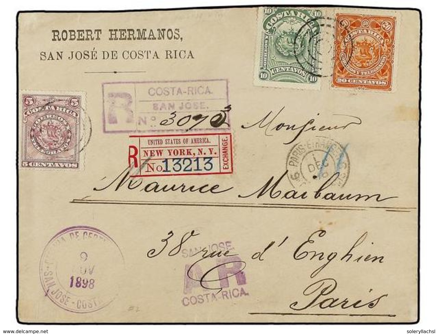 1071 COSTA RICA. 1898. S. JOSE A PARÍS. <B>5 Cts.</B> Lila, <B>10 Cts.</B> Verde Y <B>20 Cts.</B> Rojo. Carta Certificad - Altri & Non Classificati