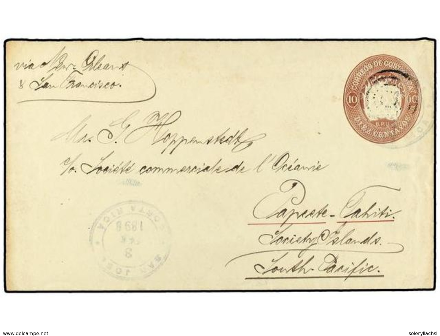 1072 COSTA RICA. 1898. SAN JOSE A PAPETE (Tahiti). Entero Postal De <B>10 Ctvos.</B> Castaño. Extraordinariamente Rara D - Other & Unclassified