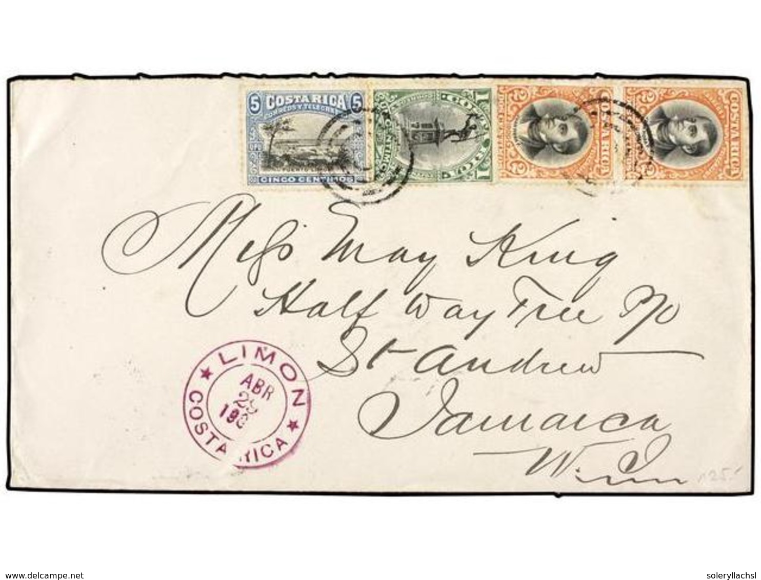 1074 COSTA RICA. 1907. LIMON A JAMAICA. <B>1 Ctvo., 2 Ctvos.(2) Y 5 Ctvos.</B>, Llegada Al Dorso. MAGNÍFICA. - Sonstige & Ohne Zuordnung