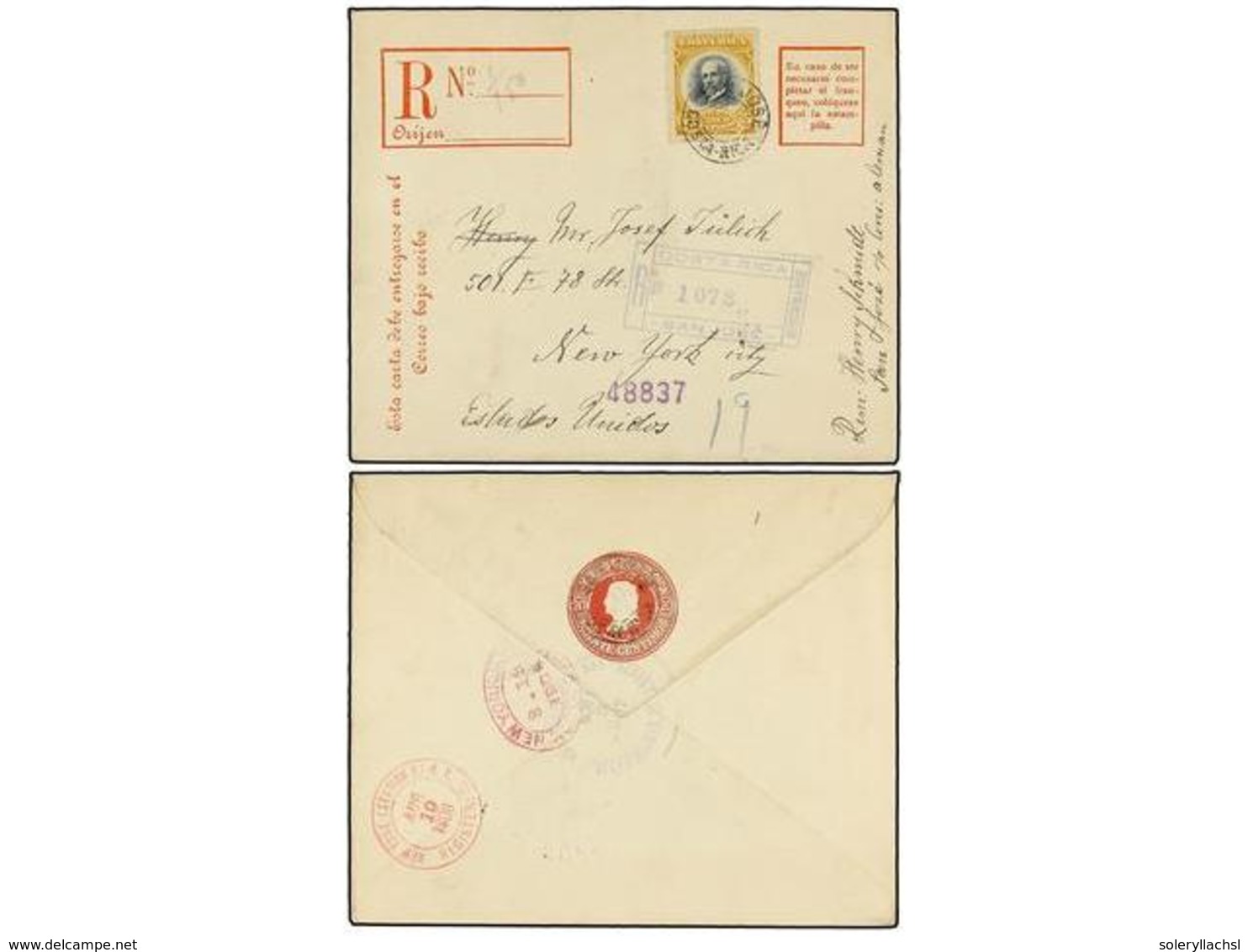 1075 COSTA RICA. Sc.62. 1908. S. JOSÉ A USA. Entrero Postal De Certificados De <B>20 Cts. </B>rojo Con Franqueo Adiciona - Sonstige & Ohne Zuordnung