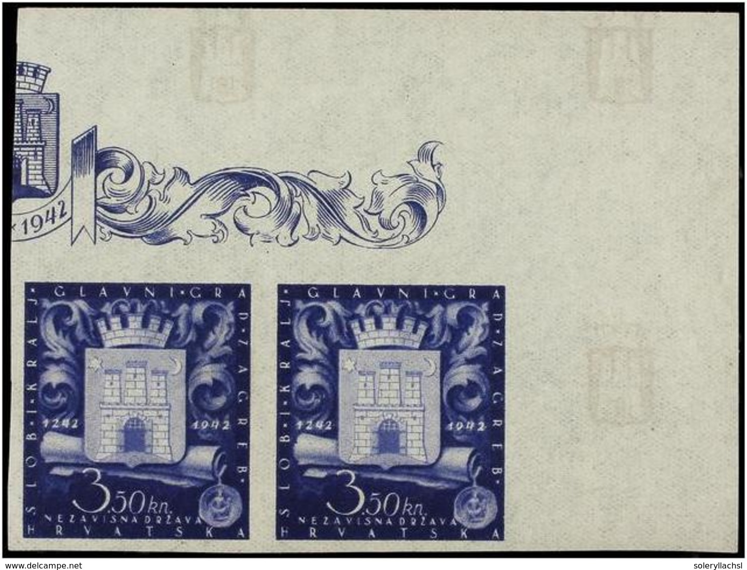 1079 ** CROACIA. Mi.97U (2). 1943. <B>3,50 Kr.</B> Blue<B> IMPERFORATE.</B> - Andere & Zonder Classificatie