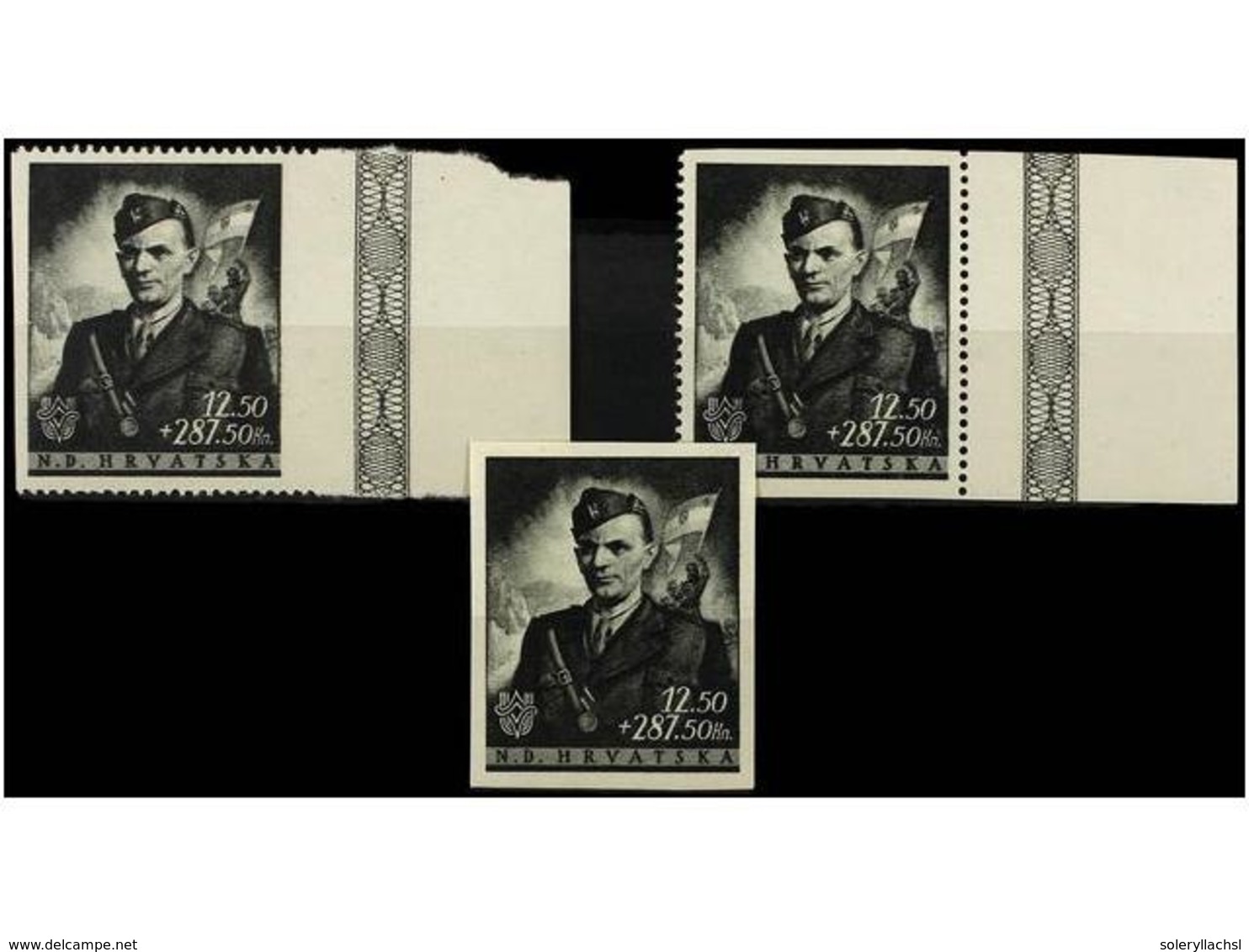 1081 ** CROACIA. Mi.161 Var (3). 1944. <B>12,5 K. + 287,5 K.</B> Black. 3 <B>PERFORATION VARIETIES.</B> - Other & Unclassified