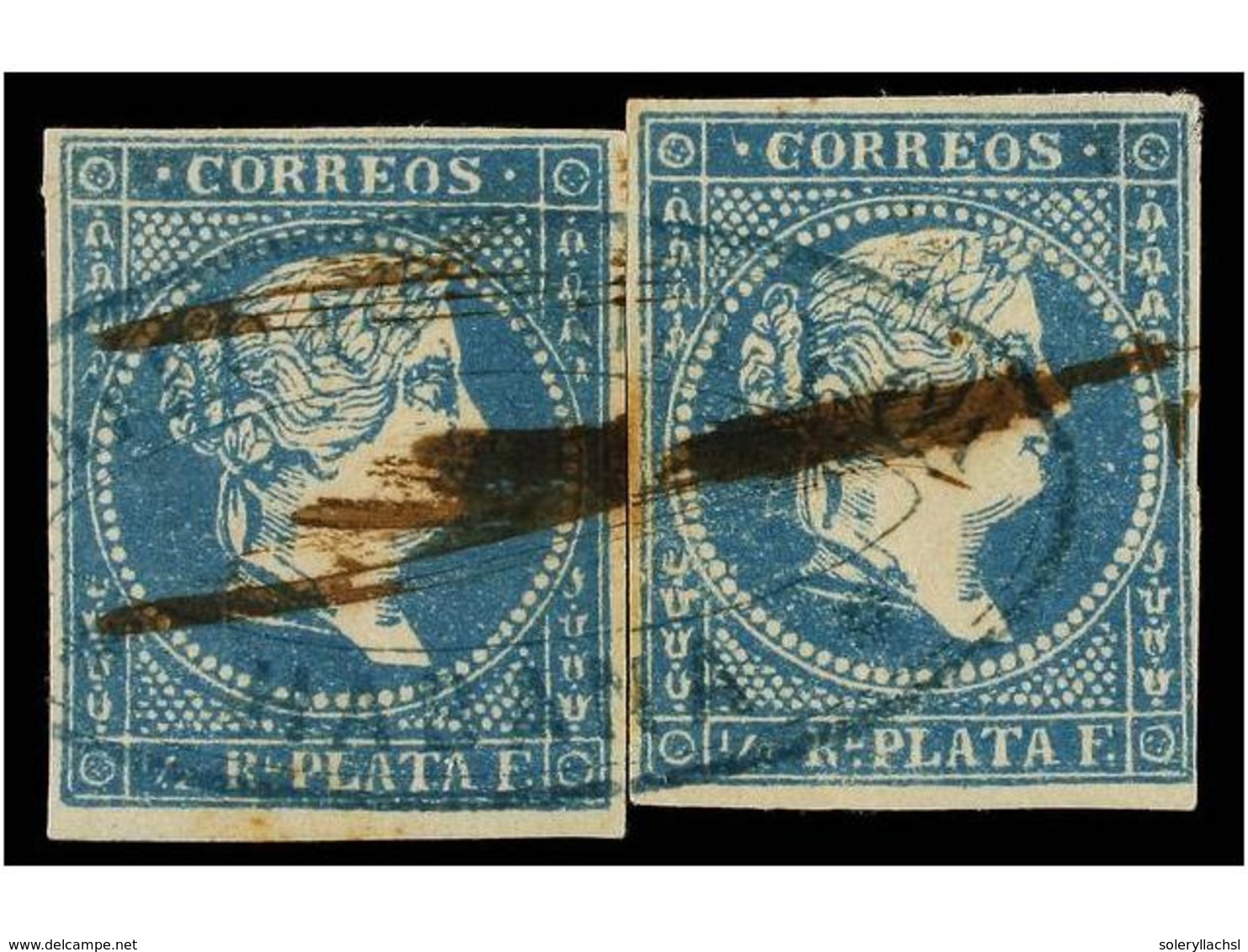 1085 ° CUBA. Ant.7F. <B>1/2 Real</B> Azul Claro. <B>FALSO POSTAL</B> Tipo IIIA (Guerra IIA). Dos Sellos Reconstruyendo U - Other & Unclassified