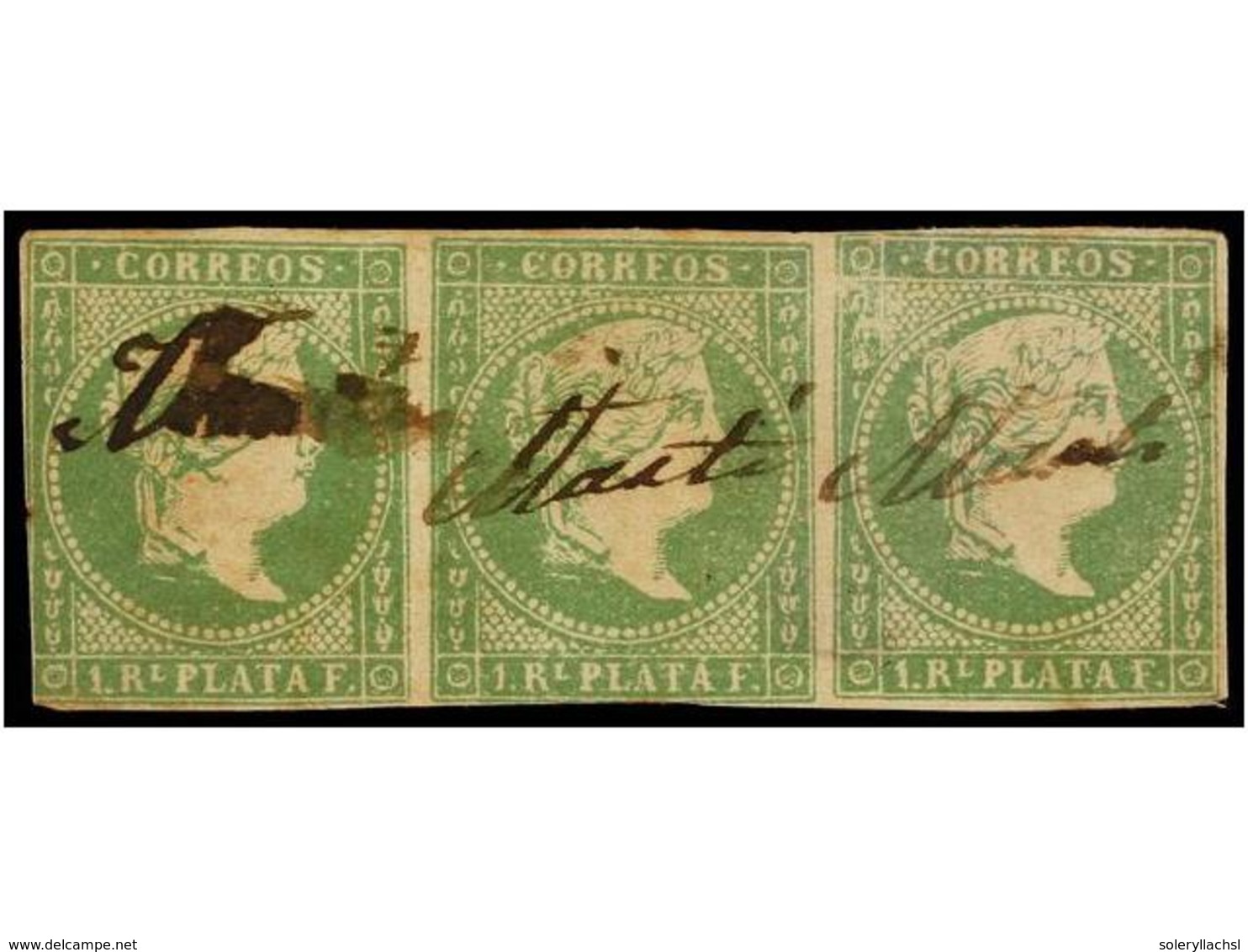 1089 ° CUBA. Ant.8F. <B>1 Real</B> Verde. <B>FALSO POSTAL</B> Tipo III (Guerra Tipo I). Tira De Tres. Mat. Manuscrito 'M - Other & Unclassified