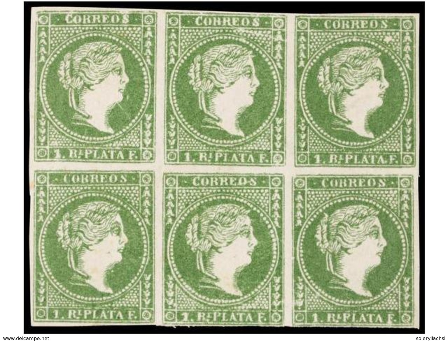 1090 (*) CUBA. Ed.Ant. 8F. <B>1 Real</B> Verde <B>FALSO POSTAL </B>(Graus Tipo I, Guerra Tipo VI). Bloque De Seis. MAGNÍ - Other & Unclassified