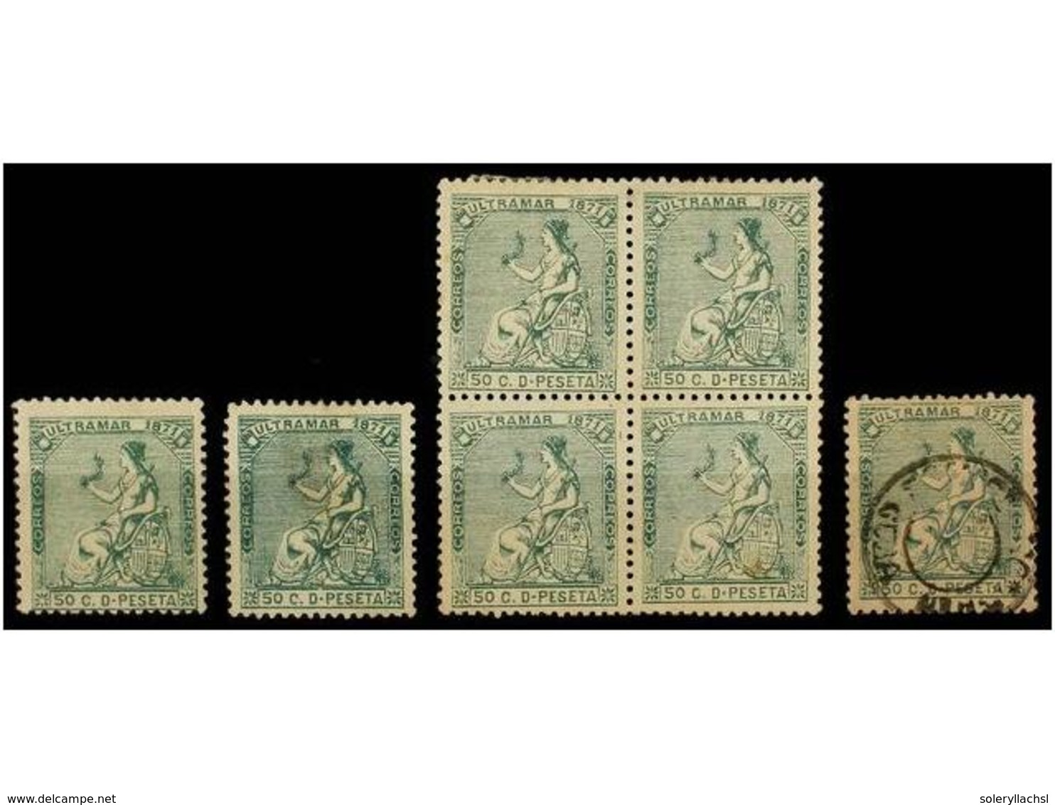 1103 (*) CUBA. Ant.23F. <B>50 Cts.</B> Verde. <B>FALSO POSTAL</B>. 2 Sellos Y Un Bloque De Cuatro En Nuevo Y Un Sello En - Sonstige & Ohne Zuordnung