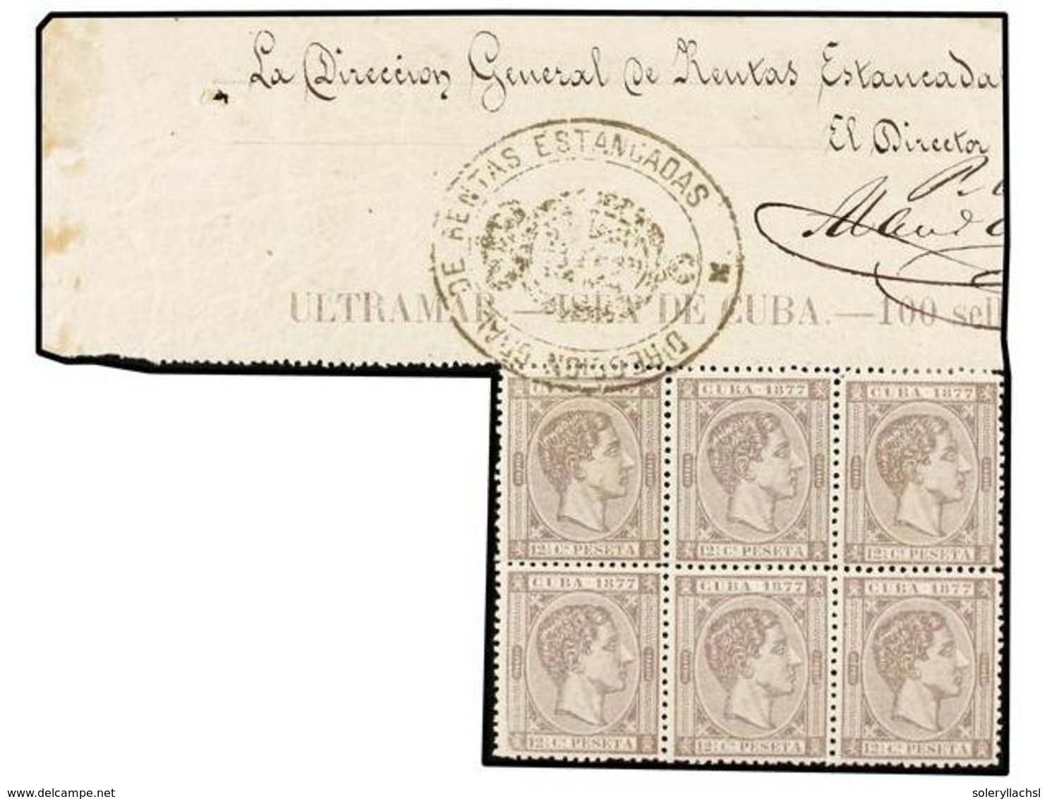 1104 * COLONIAS ESPAÑOLAS: CUBA. Ed.40. <B>12 Cts.</B> Gris Lila. Bloque De Seis Con Marca En El Borde De Hoja. Direcció - Other & Unclassified