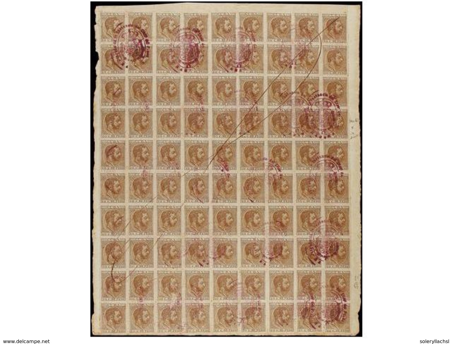 1113 COLONIAS ESPAÑOLAS: CUBA. Ed.102F. <B>10 Cts.</B> Castaño<B> FALSO POSTAL</B>, Tipo I. Bloque De 90 Sellos Incluyen - Other & Unclassified