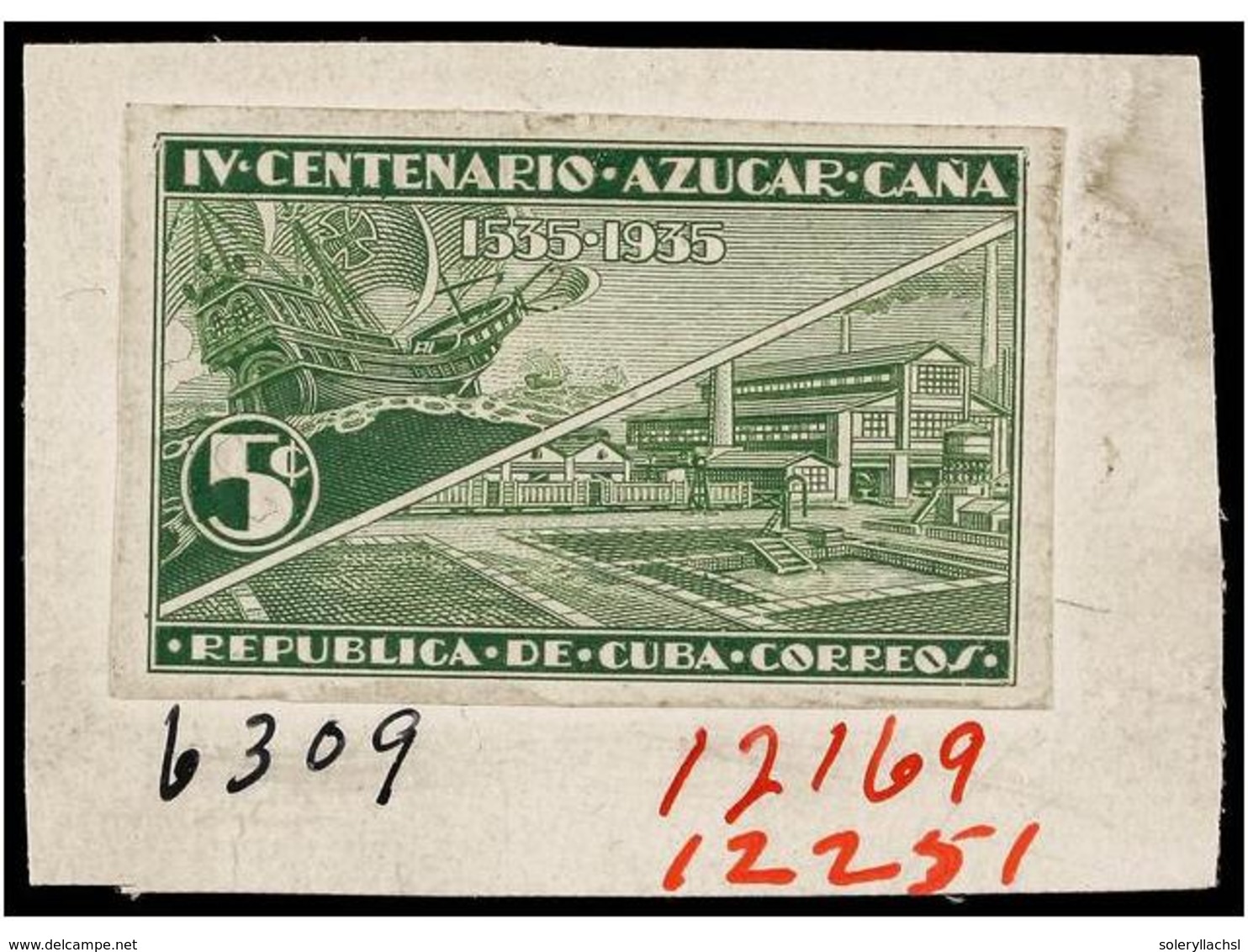 1122 CUBA. 1935. <B>IV CENT. AZUCAR-CAÑA. 5 Cts.</B> Verde <B>PRUEBA</B> Montada Sobre Cartón. MAGNIFICA Y MUY RARA. - Other & Unclassified