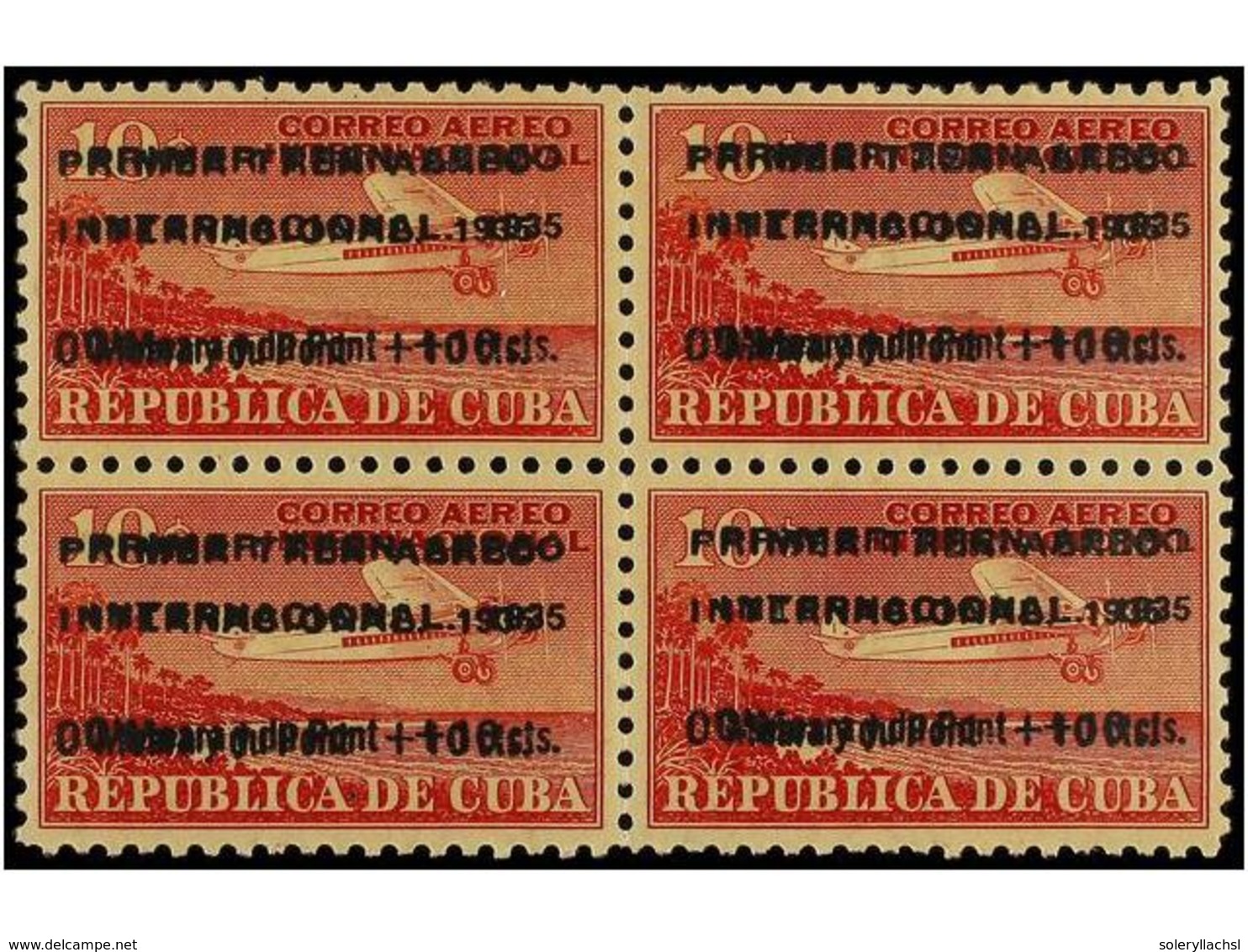 1130 ** CUBA. Ed.276hh. 1935. <B>10 Cts.</B> Rojo. Bloque De Cuatro. <B>SOBRECARGA DOBLE</B>. LUJO. Cert. C. ECHENAGUSIA - Sonstige & Ohne Zuordnung