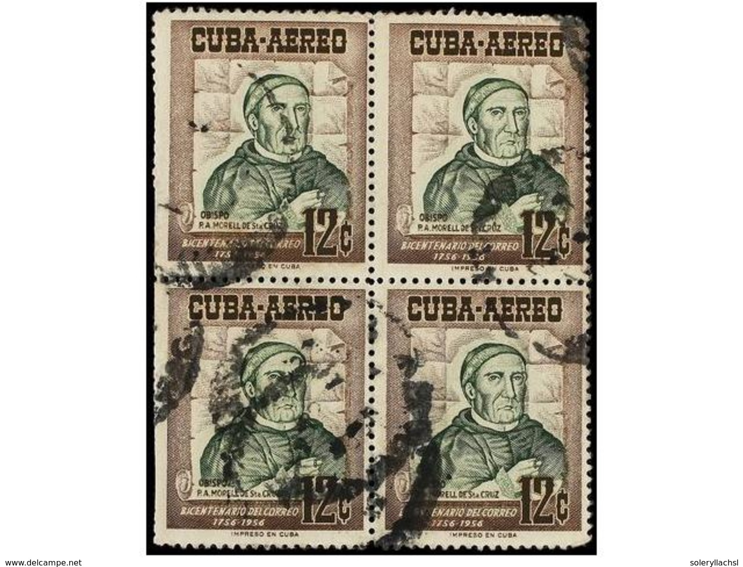 1147 ° CUBA. Ed.645. 1956. <B>12 Cts.</B> Castaño Y Verde. Bloque De Cuatro <B>COLOR VERDE DESPLAZADO A LA DERECHA. </B> - Other & Unclassified