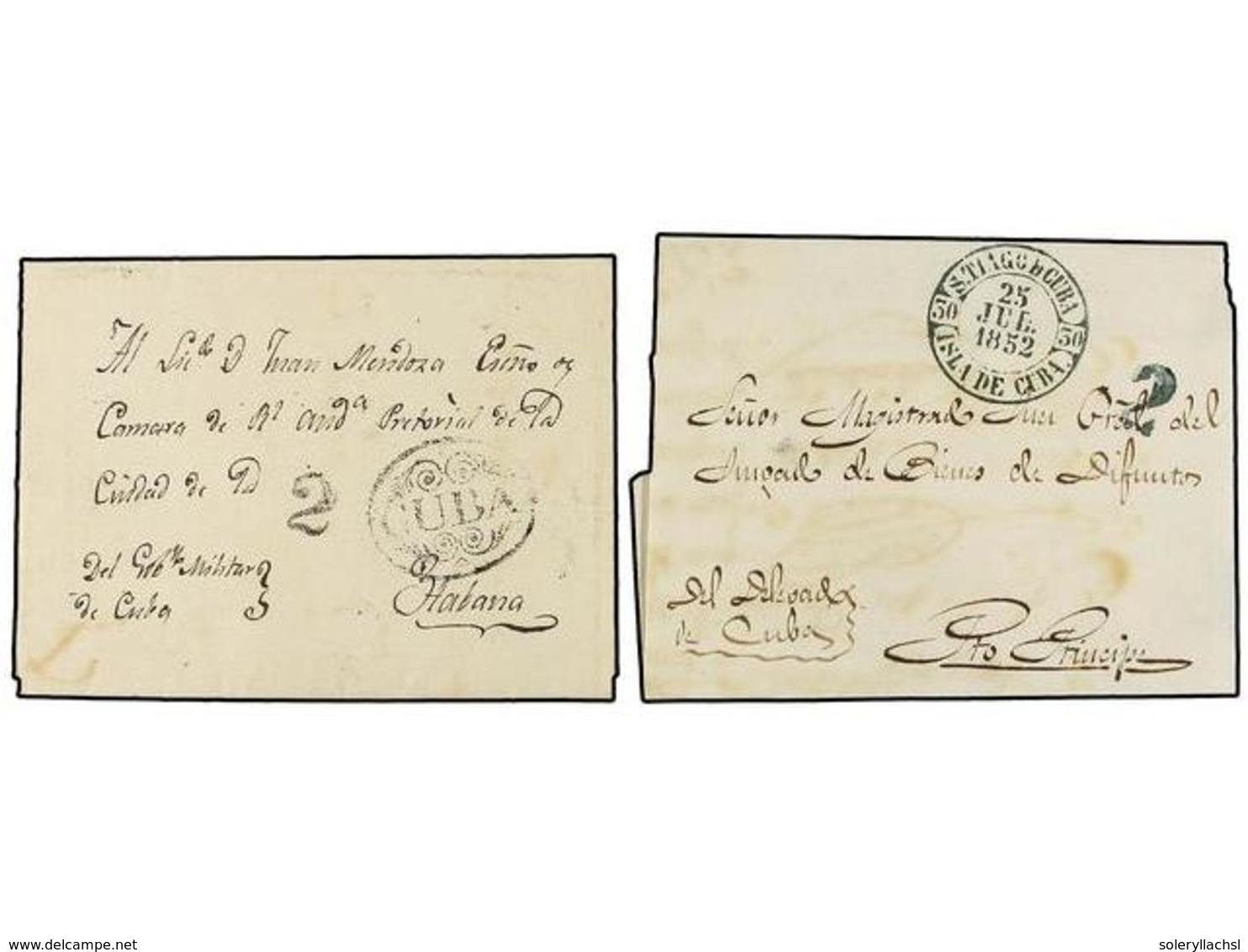 1204 CUBA. 1841-52. SANTIAGO DE CUBA. 2 Cartas Con Marcas De <B>CUBA</B>, Ornamentada En Negro Y Fechador <B>S.TIAGO D C - Other & Unclassified