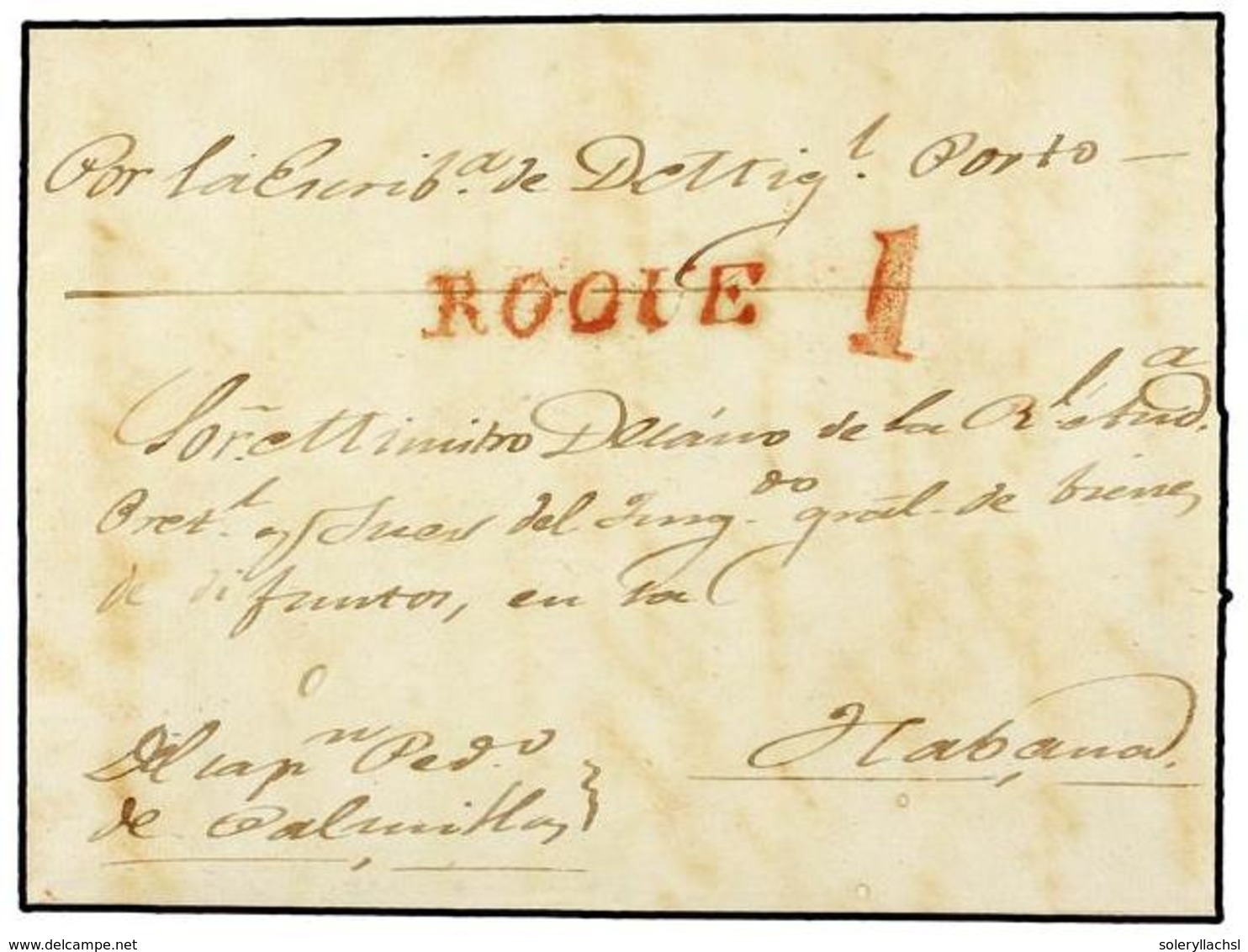 1213 CUBA. 1845. PALMILLAS A HABANA. Marca Lineal <B>ROQUE</B> En Rojo. Preciosa Y Muy Rara No Reseñada. - Other & Unclassified