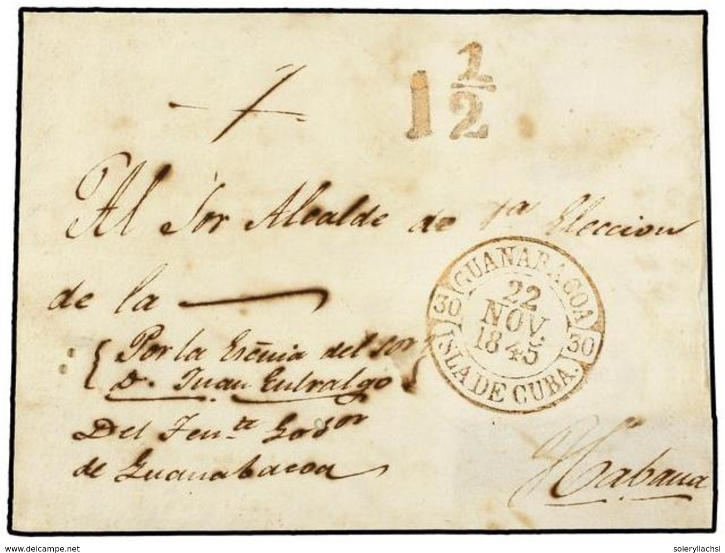 1216 CUBA. 1845. GUANABACOA A HABANA. Fechador <B>GUANABACOA/ISLA DE CUBA</B> En Rojo. PRECIOSA. - Other & Unclassified