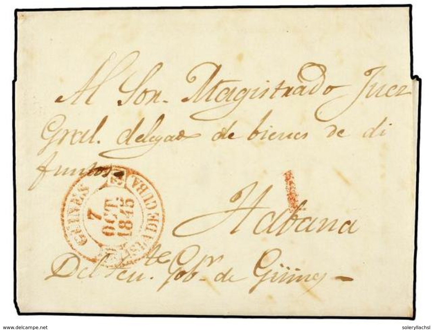 1219 CUBA. 1845. GUINES A HABANA. Fechador <B>GUINES/ISLA DE CUBA</B> En Rojo. - Other & Unclassified