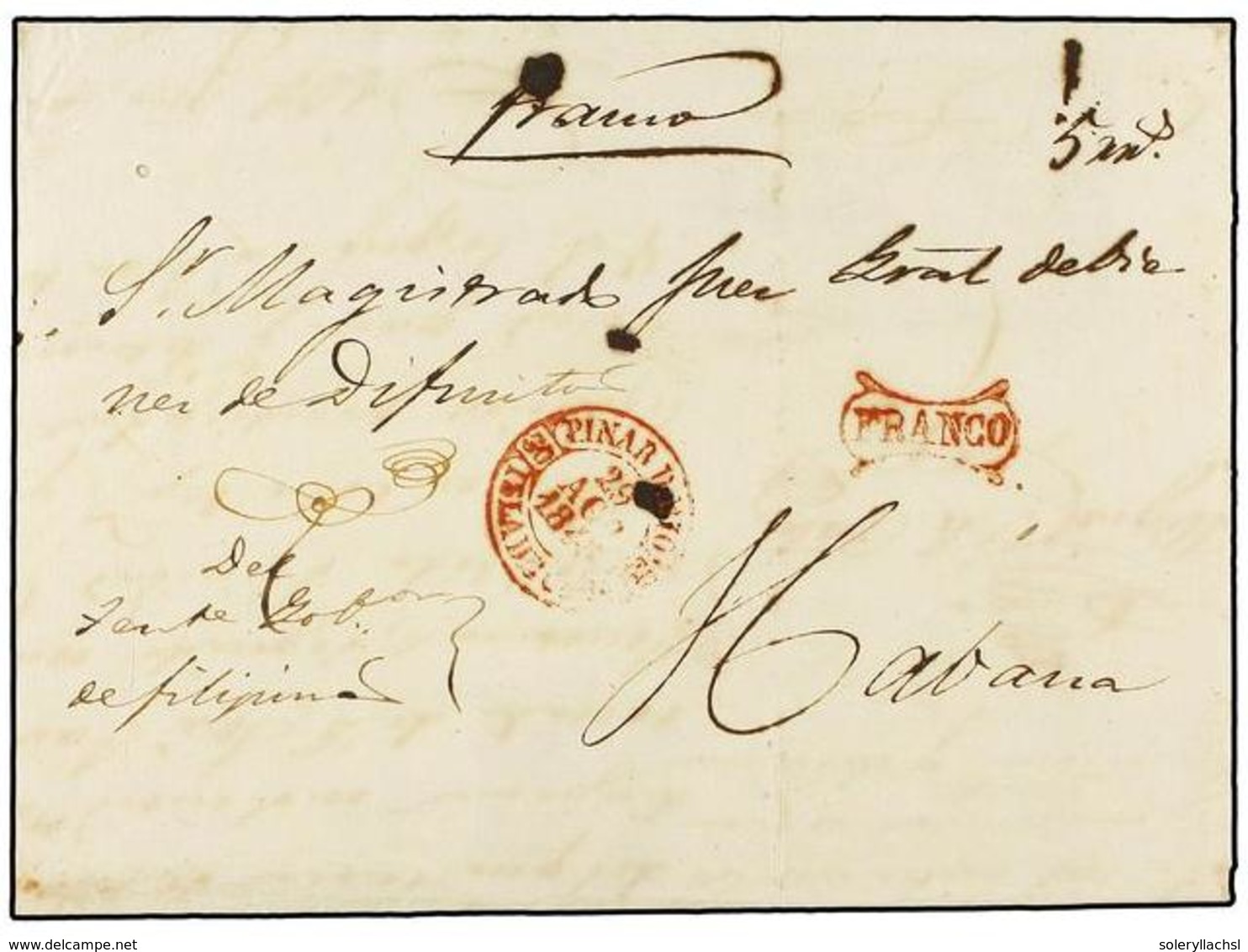 1223 CUBA. 1845. NUEVA FILIPINA A HABANA. Fechador <B>PINAR D. RIO/ISLA DE CUBA</B> Y <B>FRANCO</B> General En Rojo, No  - Other & Unclassified