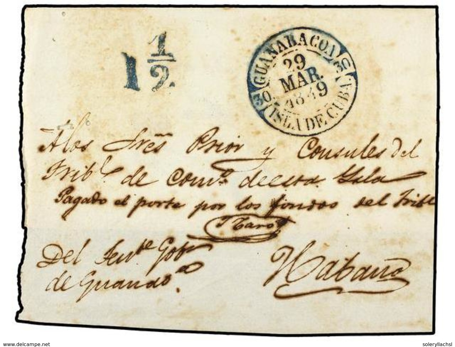 1234 CUBA. 1849. FRONTAL (con Una Solapa Del Dorso). Fechador <B>GUANABACOA/ISLA DE CUBA</B> En Azul. MUY BONITO. - Other & Unclassified