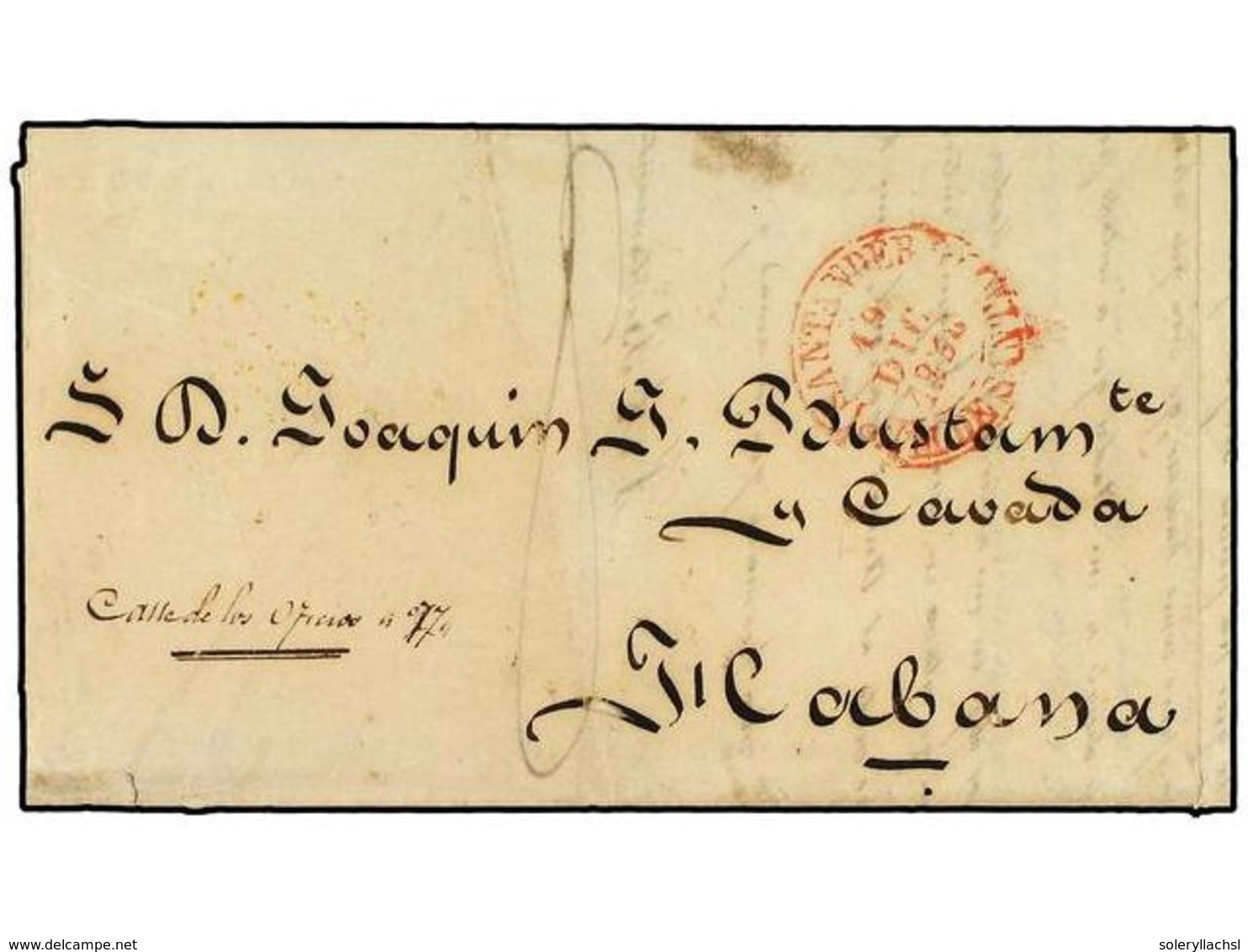 1242 COLONIAS ESPAÑOLAS: CUBA. 1850(19 Diciembre). SANTANDER A HABANA. Fechador Rojo De Salida Y Fechador <B>EMPRESA ESP - Autres & Non Classés