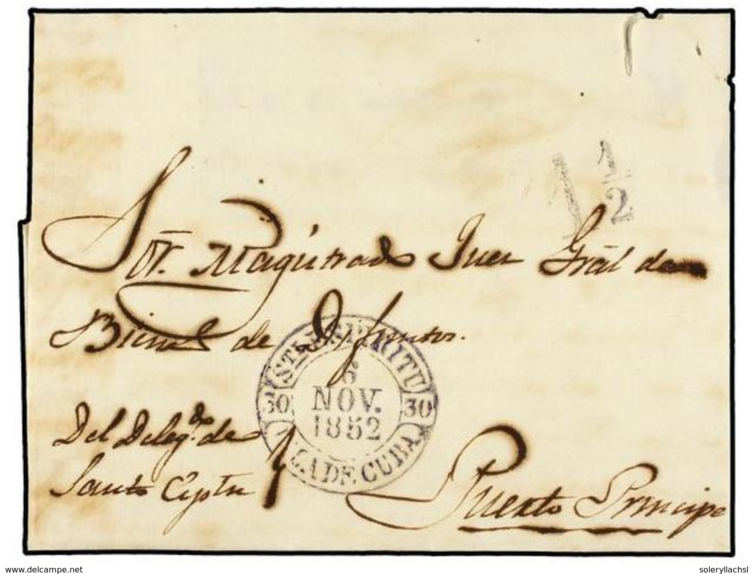 1245 CUBA. 1852. SANCTI SPIRITUS A PRO. PRÍNCIPE. Fechador <B>STI. ESPIRITU/ISLA DE CUBA</B> En Azul. MUY BONITA. - Other & Unclassified