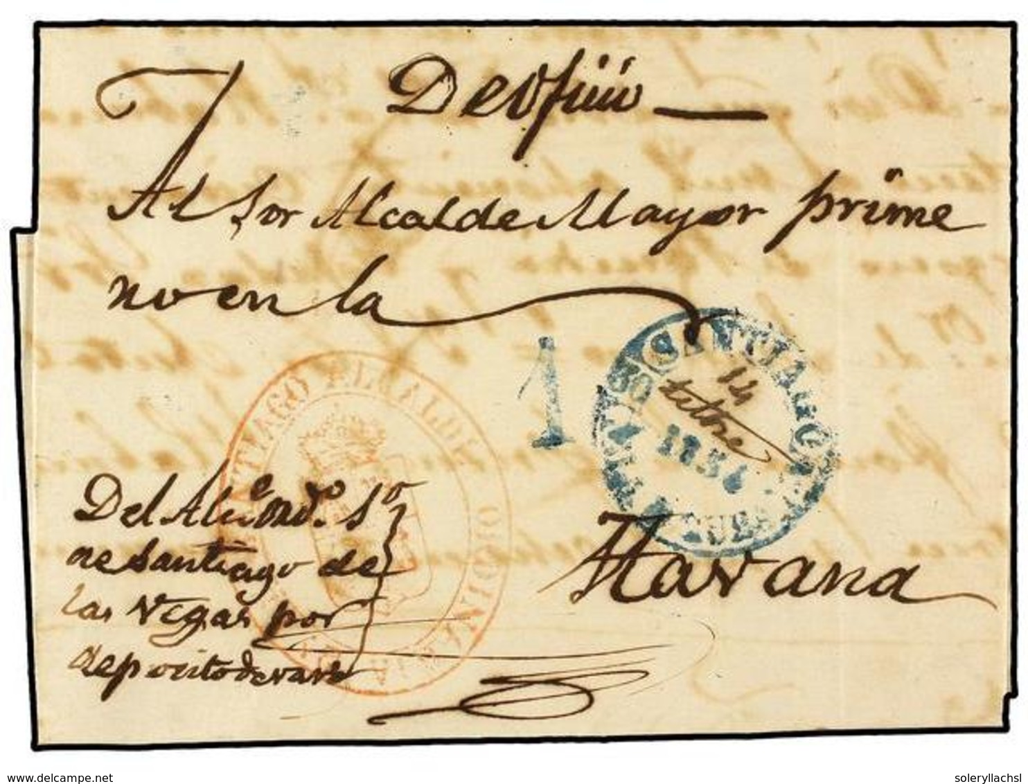 1250 CUBA. 1854. SANTIAGO DE LAS VEGAS A HABANA. Fechador <B>SANTIAGO/ISLA DE CUBA</B> En Azul Con La Fecha '14 Septbr.' - Other & Unclassified