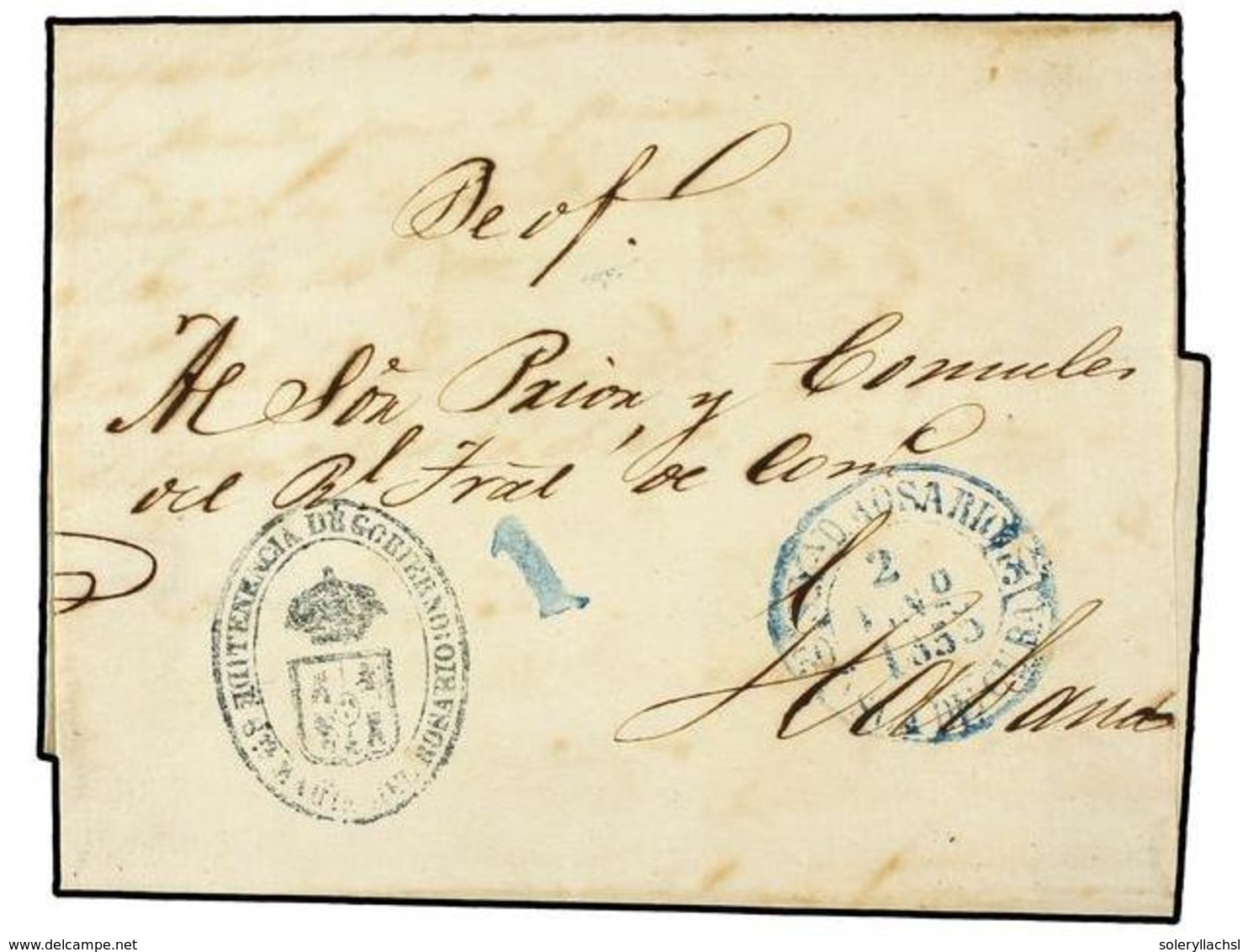 1251 CUBA. 1855. STA. MARIA DEL ROSARIO A HABANA. Fechador <B>S. MA. D. ROSARIO/ISLA DE CUBA</B> En Azul Y Marca Ovalada - Other & Unclassified