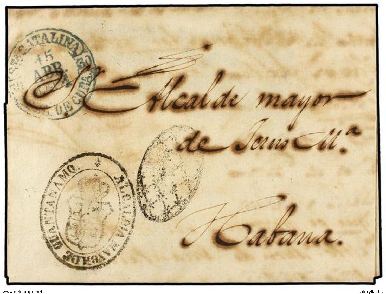 1259 CUBA. 1861. GUANTANAMO A HABANA. Fechador <B>STA. CATALINA/ISLA DE CUBA</B> En Azul Y Marca Ovalada De La Alcaldía  - Other & Unclassified