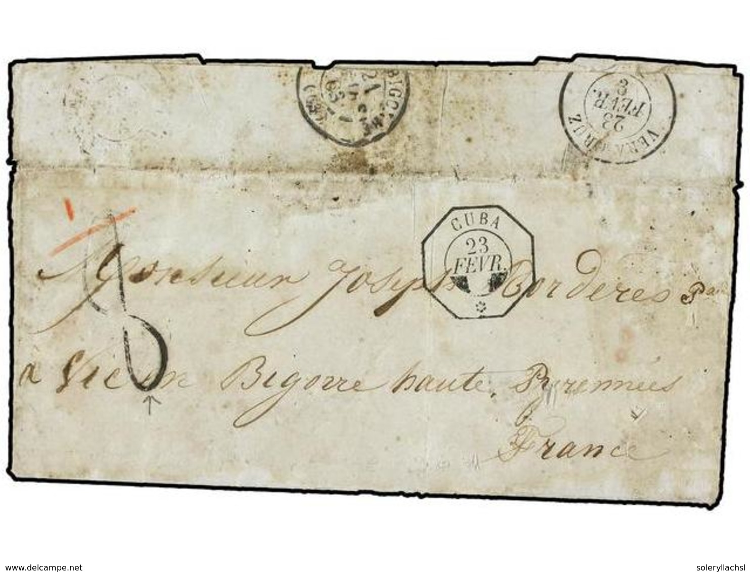 1261 CUBA. 1863. SANTIAGO A FRANCIA. Fechador De La Agencia Consular Francesa <B>CUBA/*</B> (tipo Sin El Año), Al Dorso  - Other & Unclassified