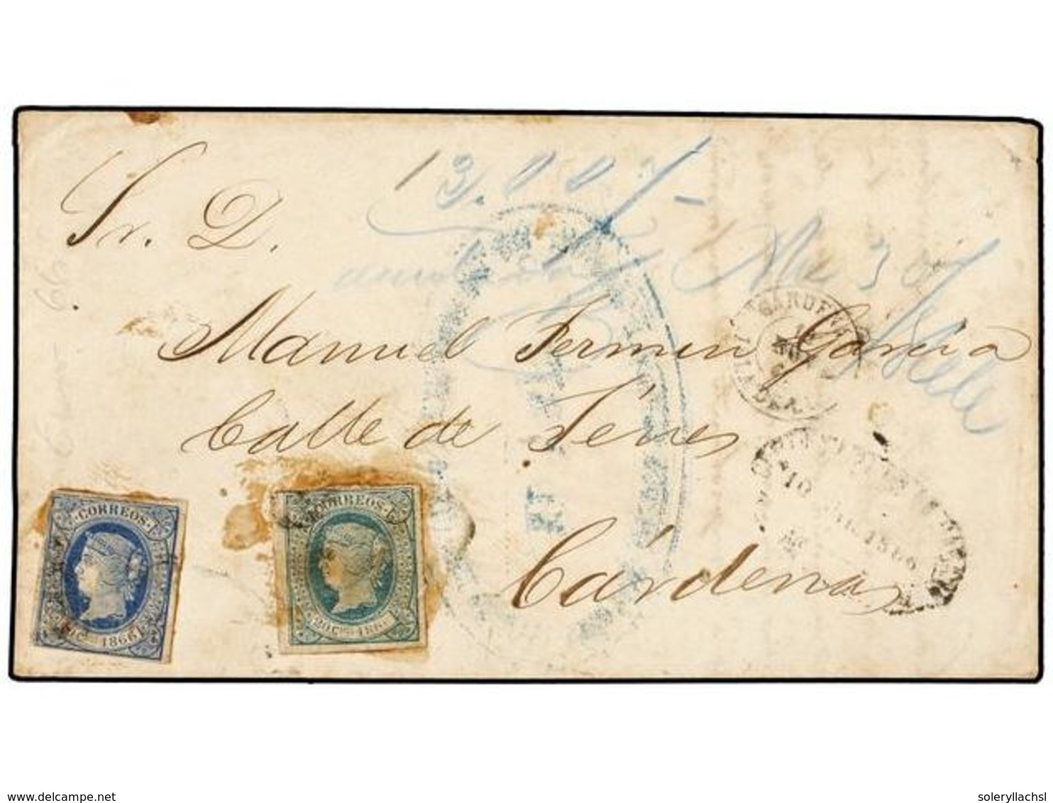 1267 CUBA. Ed.14, 15. 1866. HABANA A CÁRDENAS. <B>10 Cts. </B>azul Y <B>20 Cts.</B> Verde. Carta <B>CERTIFICADA</B>, Al  - Other & Unclassified