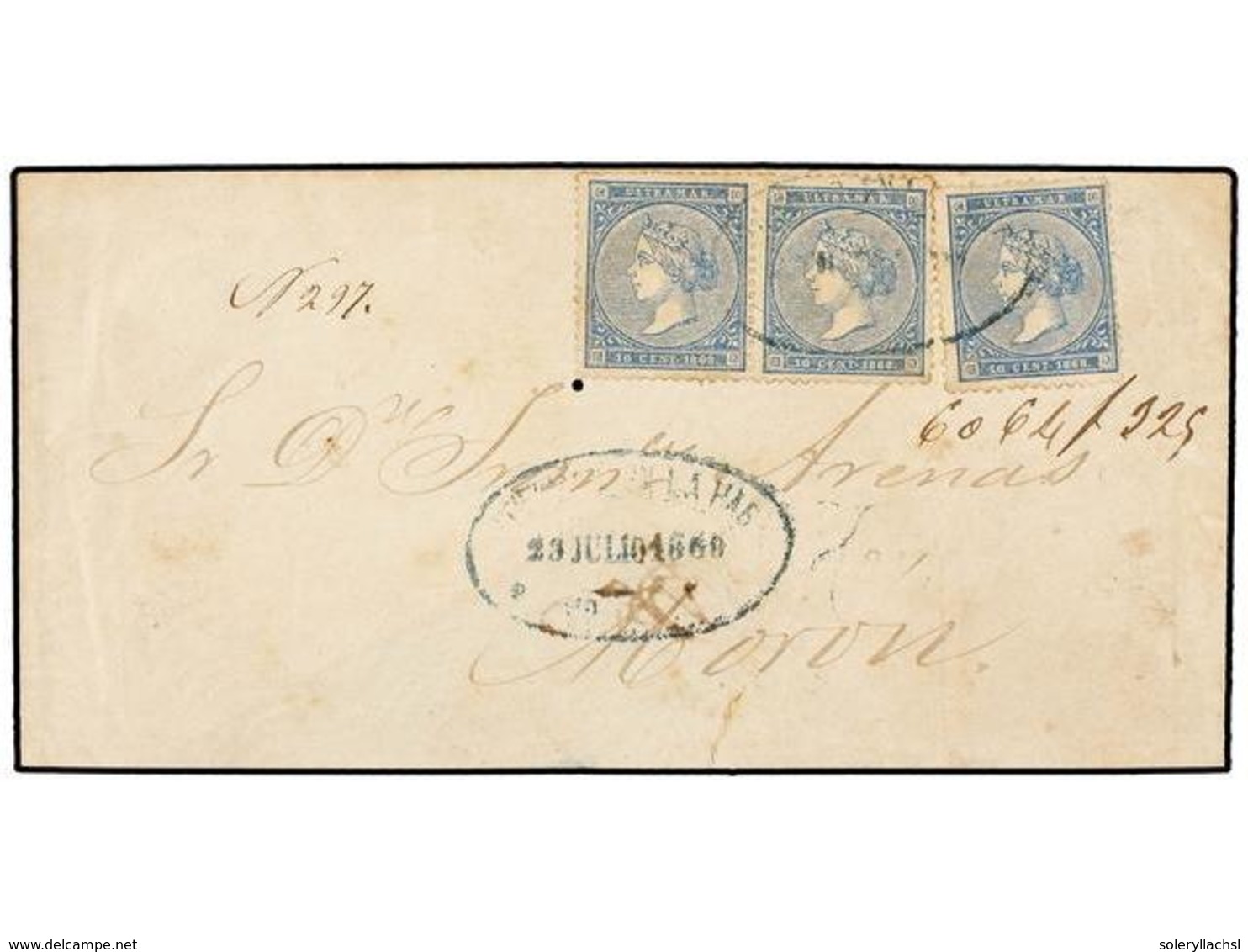 1273 COLONIAS ESPAÑOLAS: CUBA. Ant.13(3). 1868. HABANA A MORON. Carta Certificada Con Franqueo De <B>10 Cts.</B> Azul (3 - Other & Unclassified