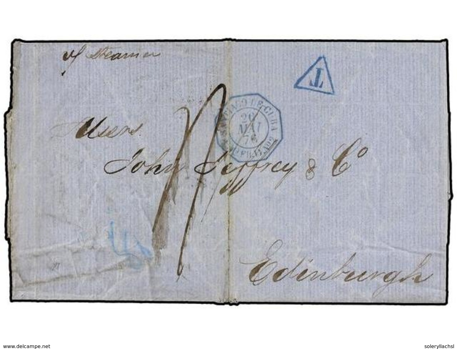 1285 CUBA. 1876. SANTIAGO A EDINBURGH (Gran Bretaña). Fechador Octogonal Marítico Francés <B>SANTIAGO DE CUBA/PAQ.FR.D N - Other & Unclassified