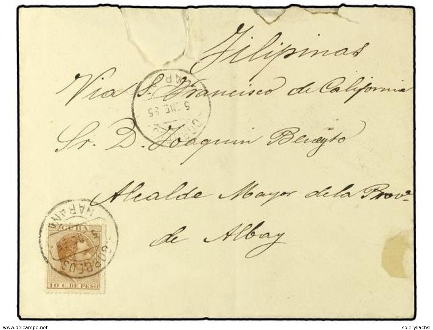 1293 CUBA. Yv.102. 1885. HABANA A ALBAY (Filipinas). <B>10 Cts.</B> Castaño, Rarísima Destinación. Cert. GRAUS. - Other & Unclassified