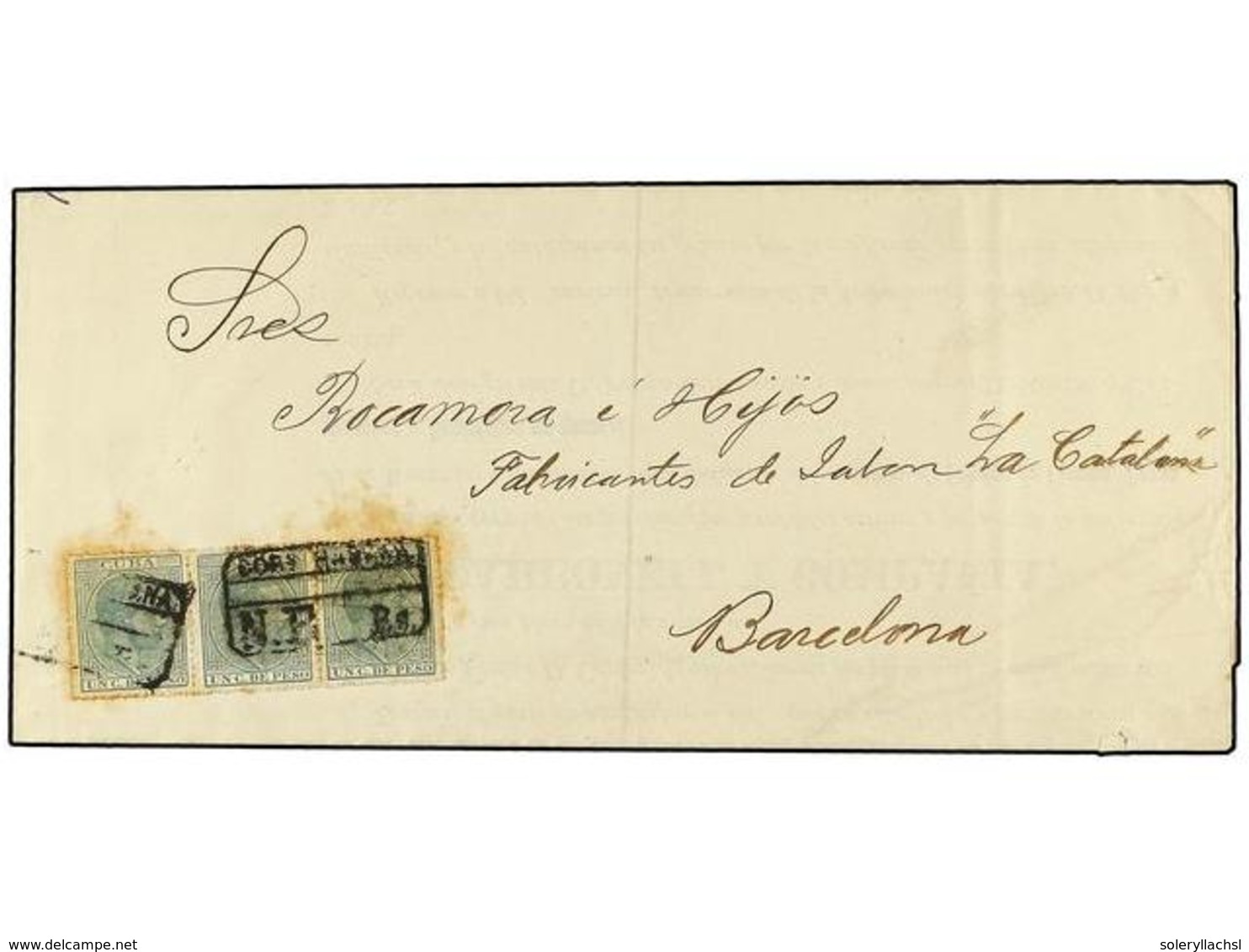 1295 CUBA. Ed.68 (3). 1886. GIBARA A BARCELONA. <B>1 Cto.</B> Verde Tira De Tres. Mat. Rectangular <B>CORR.HABANA/NE RS. - Other & Unclassified