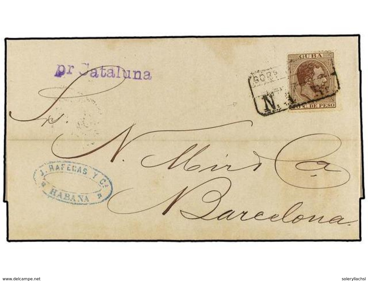 1296 COLONIAS ESPAÑOLAS: CUBA. Ed.102. 1886. HABANA A BARCELONA. <B>10 Cts.</B> Castaño. Mat. <B>CORRS.HABANA/N.A.Rs.</B - Other & Unclassified