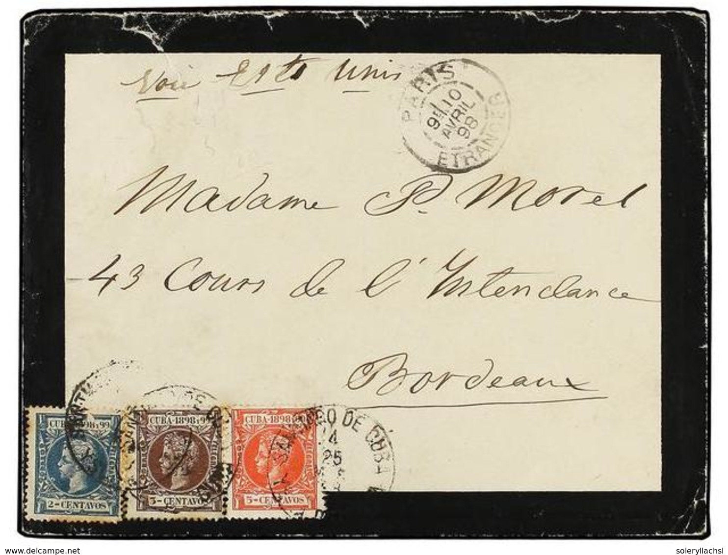 1305 CUBA. 1898. SANTIAGO A BURDEOS. <B>2 Ctvos., 3 Ctvos Y 5 Ctvos.</B> Raro Franqueo Tricolor. MAGNIFICA. - Autres & Non Classés