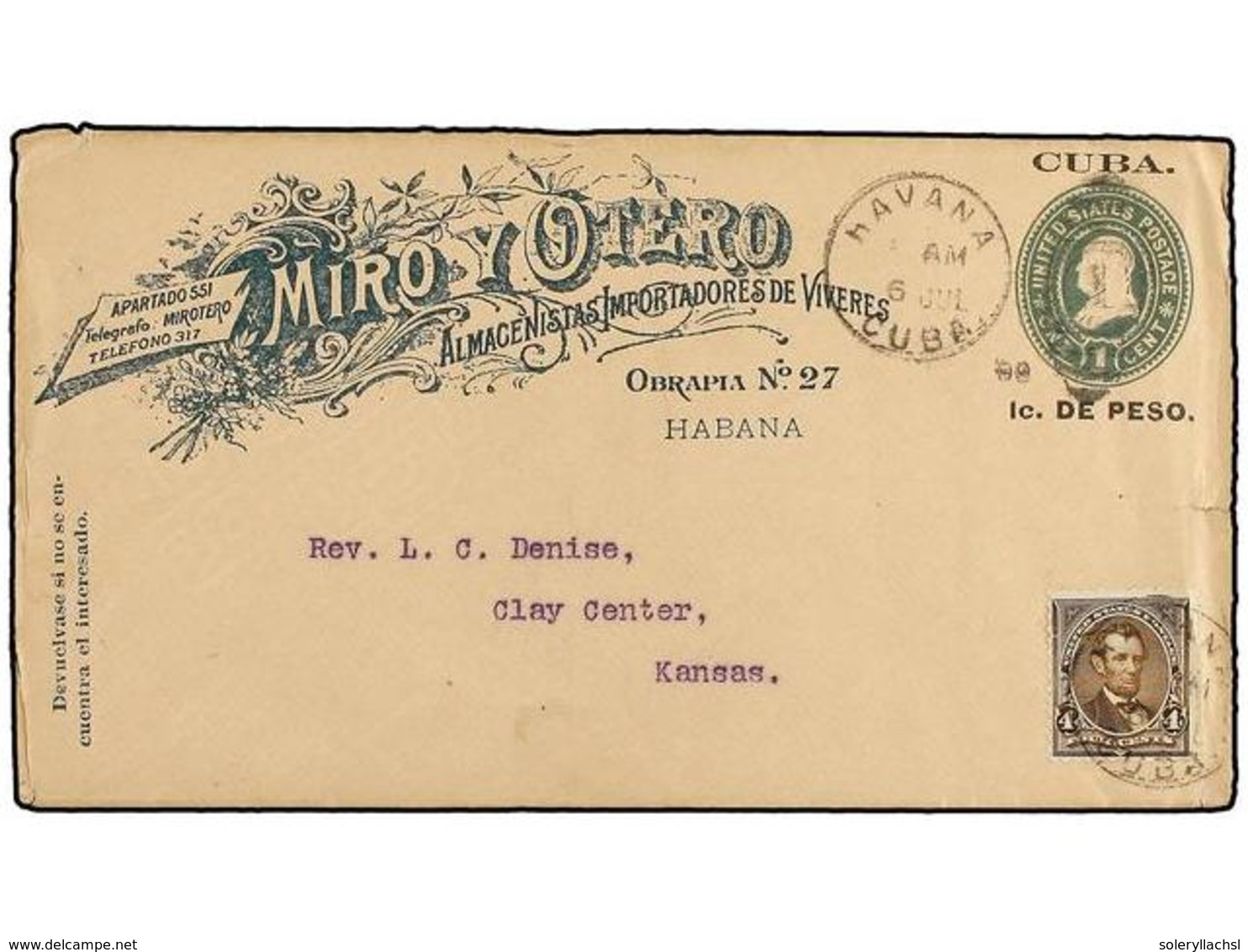 1308 CUBA. 1899. HABANA A USA. Entero Postal USA De <B>1 Ctvo. </B>habilitado Para <B>1 Cto. </B>de Peso Con Franqueo Ad - Other & Unclassified