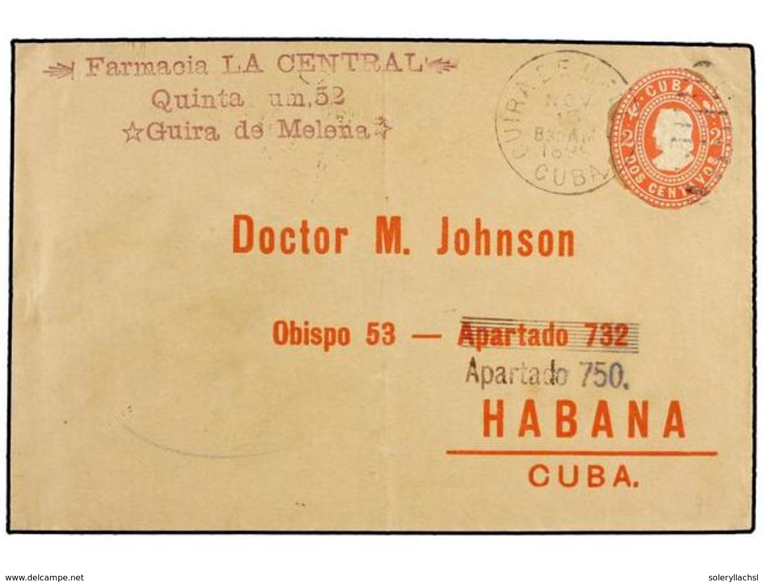 1310 CUBA. 1899 (Nov.). GUIRA DE MELENA A LA HABANA. Circulada Con Sello De <B>2 Ctvos.</B> Rosa Recortado En Un Entero  - Other & Unclassified