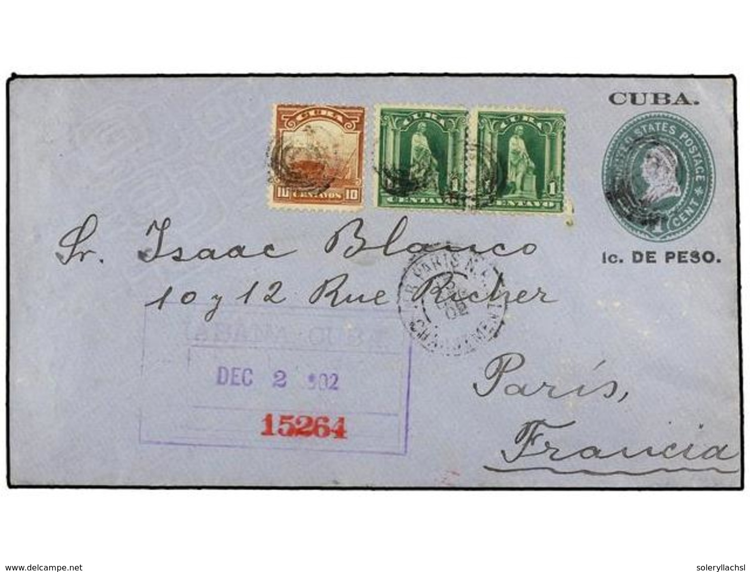 1316 CUBA. 1902. HABANA A FRANCIA. Entero Postal USA De <B>1 Cent.</B> Verde S. Azul Habilitado Para <B>1 Cto.</B> De Pe - Autres & Non Classés