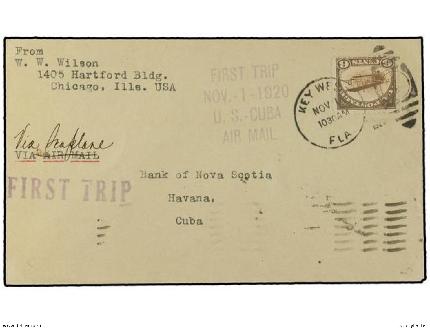 1320 CUBA. 1920 (1-Nov.). AIR MAIL. KEY WEST A HABANA. PRIMER VUELO Experimental, Marca <B>FIRST TRIP / U.S.-CUBA / AIR  - Other & Unclassified