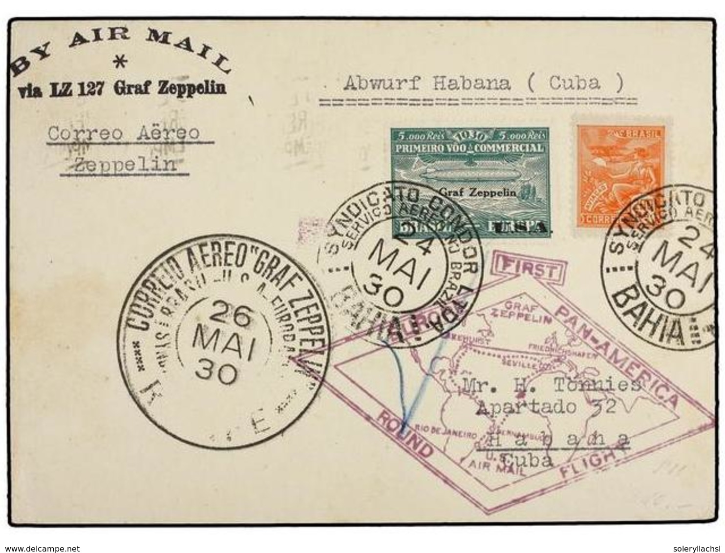 1336 CUBA. 1930 (24-V). BAHÍA A LA HABANA. Circulado Con Sello De Brasil De <B>300 Reis</B> Y <B>5.000 Reis</B> Por <B>G - Other & Unclassified