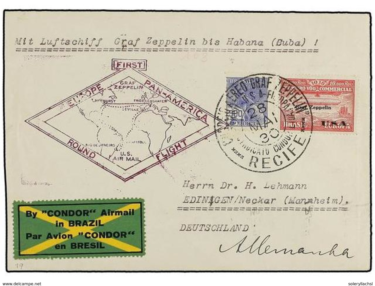 1339 CUBA. 1930 (28-V). RECIFE A ALEMANIA. Circulado Con Sello De Brasil De <B>500 Reis</B> Y<B> 10.000 Reis</B> Por <B> - Sonstige & Ohne Zuordnung