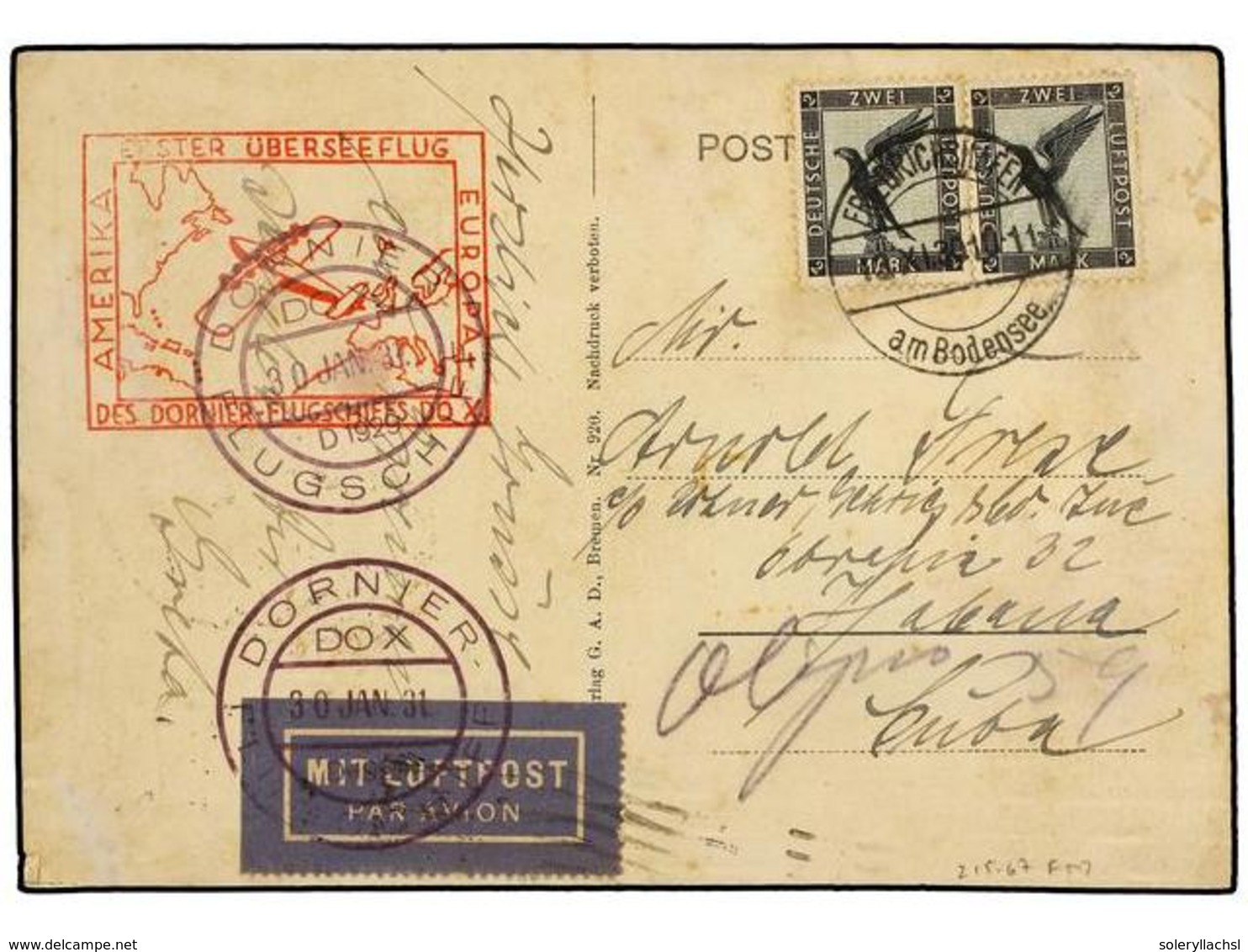 1340 CUBA. 1931 (30-I). ALEMANIA A LA HABANA. Circulada Con Sellos Alemanes De <B>2 MK </B>(2) Por DORNIER-DOX Hasta RÍO - Other & Unclassified