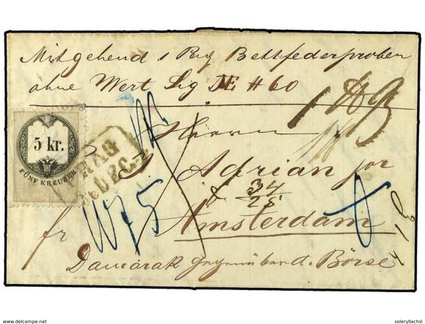 1350 CHECOSLOVAQUIA. 1867. Entire Money Letter From Prague To Amsterdam Bearing Fiscal <B>5kr.</B> Black And Pale Sepia  - Other & Unclassified