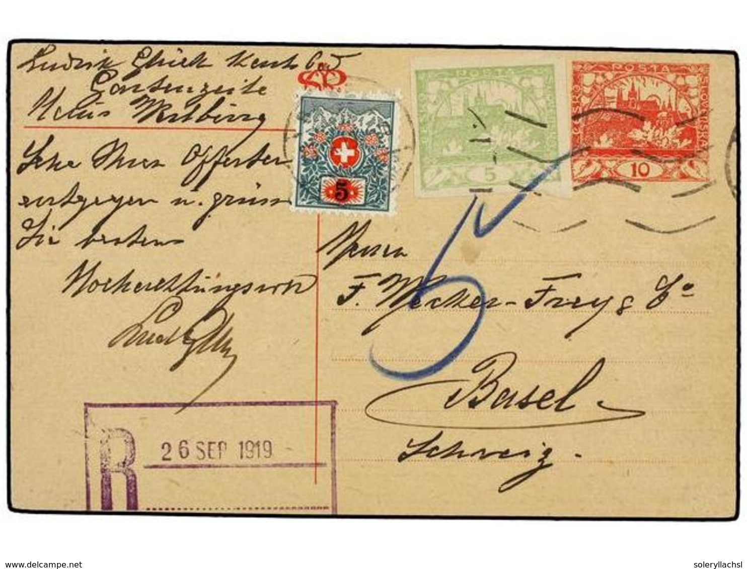 1352 CHECOSLOVAQUIA. 1919. Postal Stationary Card Of <B>10 Cts.</B> Red Uprated With Yellow Green <B>5 Cts.</B> Stamp. T - Sonstige & Ohne Zuordnung