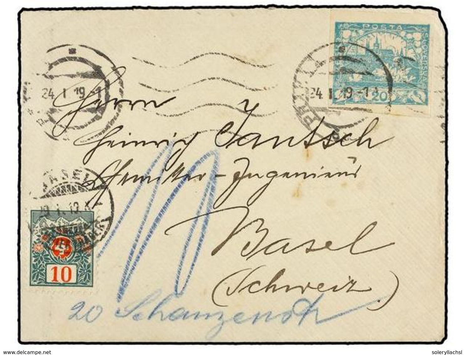 1353 CHECOSLOVAQUIA. 1919. PRAGA To SWITZERLAND. <B>20 Cts.</B> Blue Green Taxed On Arrival With Swiss Stamp Of <B>10 Ct - Sonstige & Ohne Zuordnung