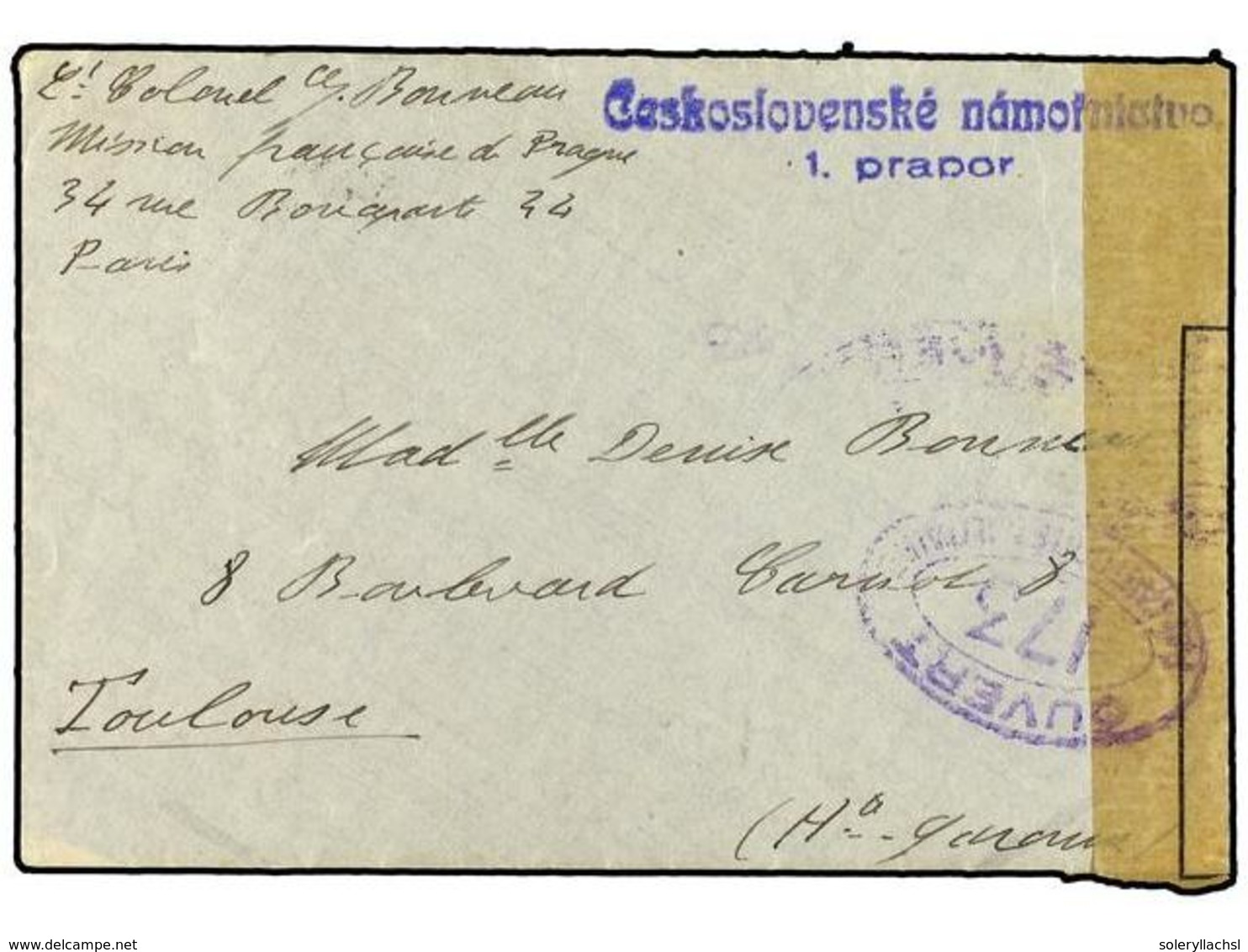 1358 CHECOSLOVAQUIA. 1919. Military Mail Envelope To TOULOUSE Written From PRAGUE (15/7/19) With <B>POZSONY</B> Datestam - Sonstige & Ohne Zuordnung