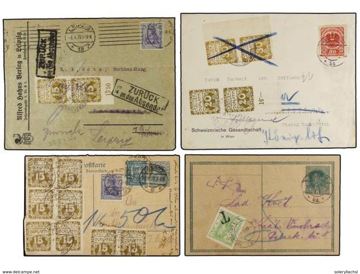 1359 CHECOSLOVAQUIA. 1919-22. Conjunto De 4 Cartas O Tarjetas Circuladas Desde Varios Países, Tasadas A La Llegada Con S - Sonstige & Ohne Zuordnung