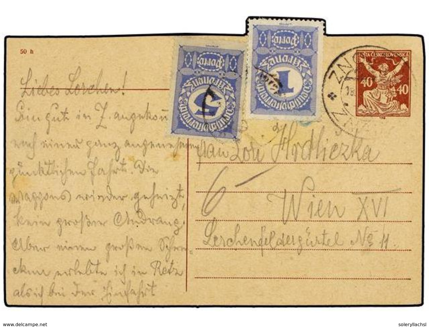1360 CHECOSLOVAQUIA. (1920 Ca.). <B>40 H.</B> Brown Postal Stationary Card Send To WIEN, Taxed On Arrival With Austrian  - Other & Unclassified